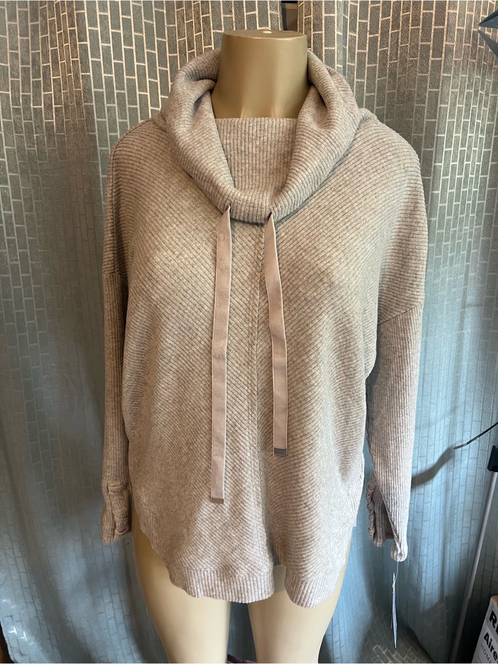 Democracy Taupe Cowl Neck Sweater with Ribbon Ties